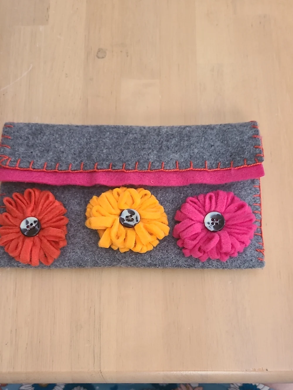 Handmade Gray Felt Clutch with Bright Flower Accents